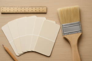 A collection of paint color swatches in soft beige tones next to a paintbrush and a wooden ruler.