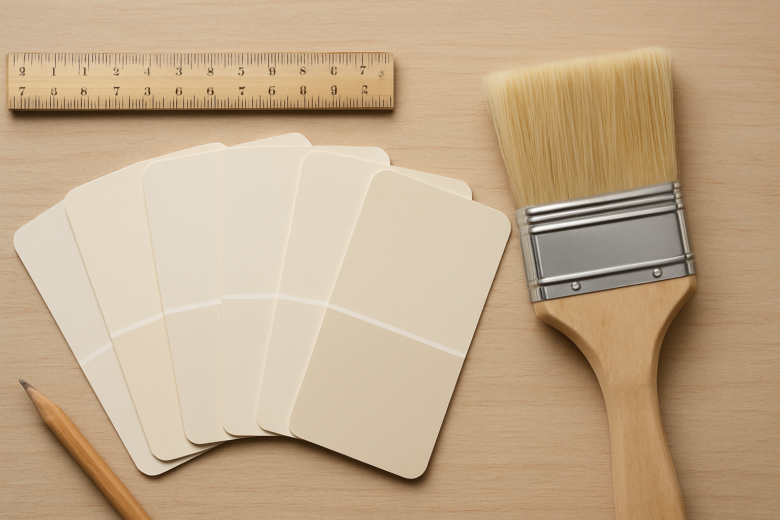 A collection of paint color swatches in soft beige tones next to a paintbrush and a wooden ruler.