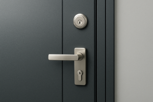 Close-up view of a steel security door handle and lock