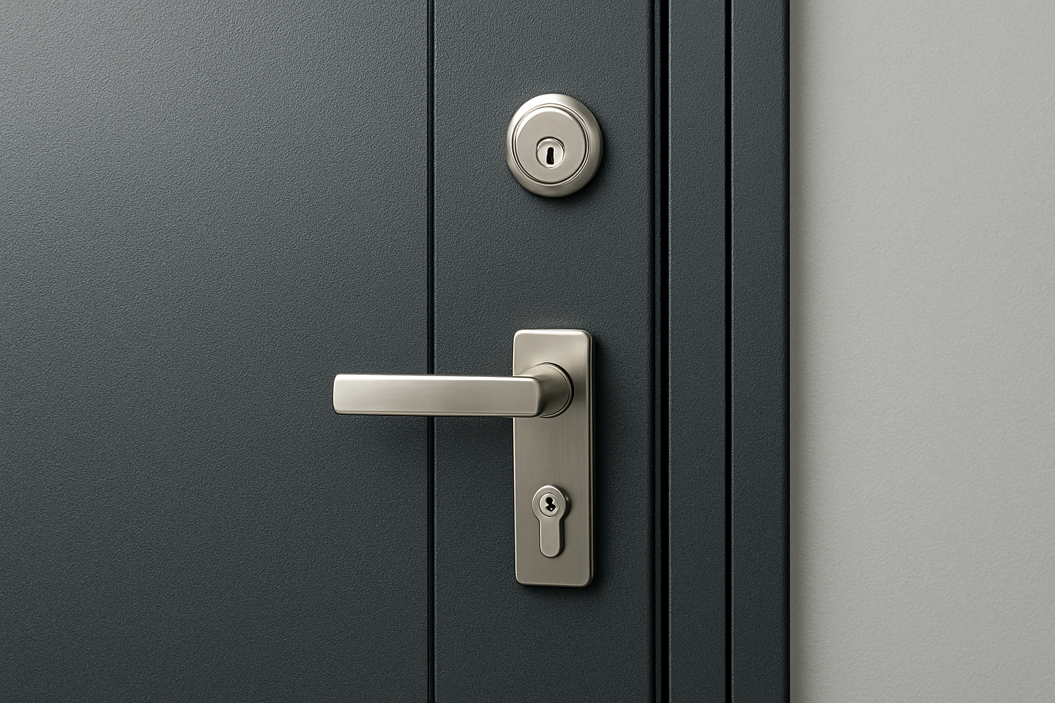 Close-up view of a steel security door handle and lock