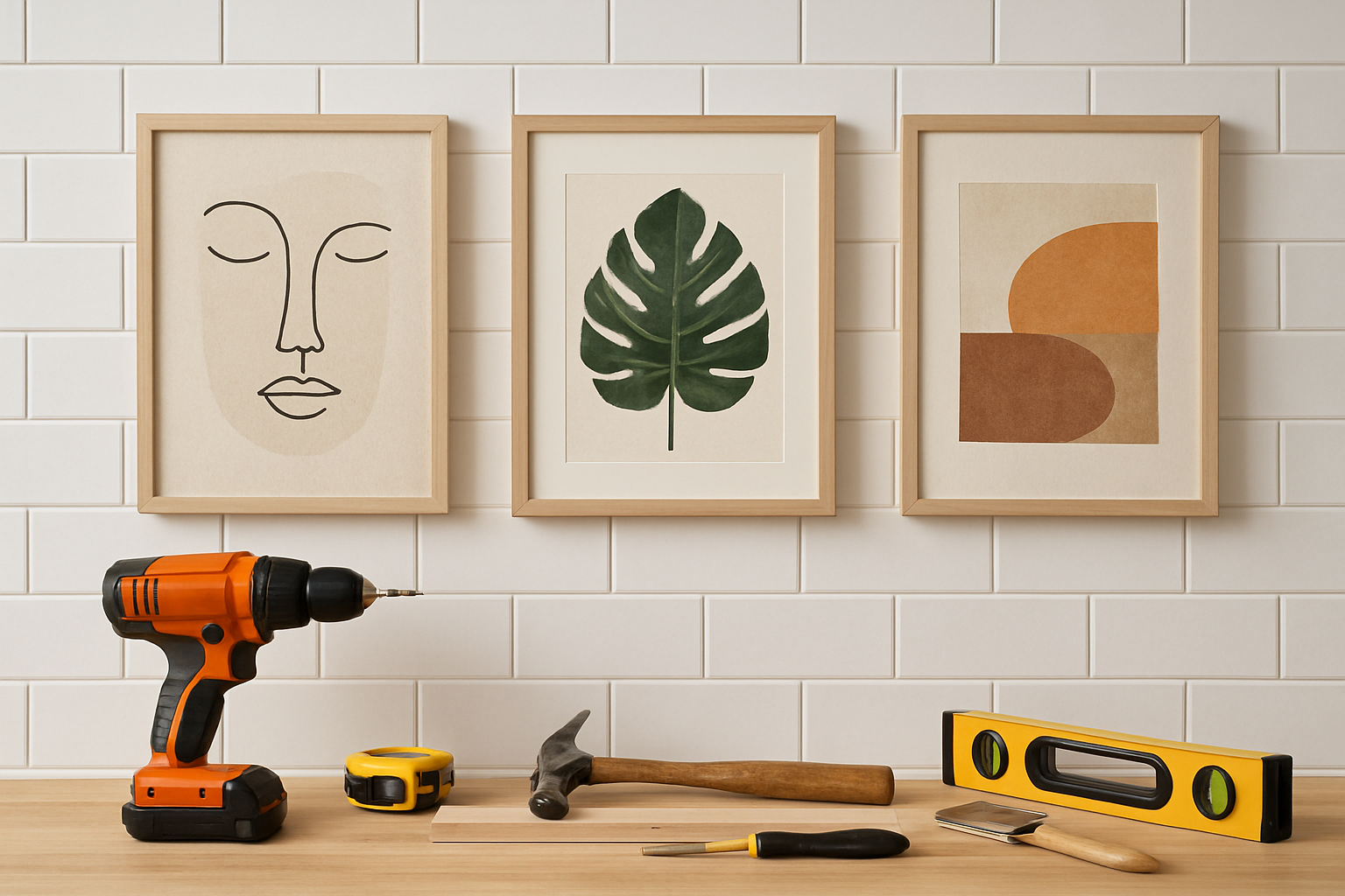 A flat lay featuring tools like a drill and hammer on a wooden surface with framed artwork hanging on a tiled wall.
