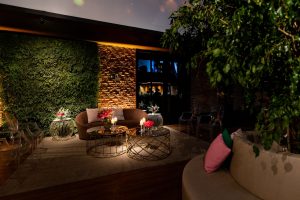 Elegant hotel foyer featuring greenery, stylish seating, and ambient lighting for a luxurious atmosphere. — Decorative Flags